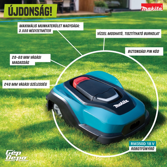 Makita RM350D robotfűnyíró zöld gyepen, kiemelt jellemzők: 240 mm vágásszélesség, 20–60 mm vágásmagasság, 3.500 m² terület, vízálló burkolat, biztonsági PIN