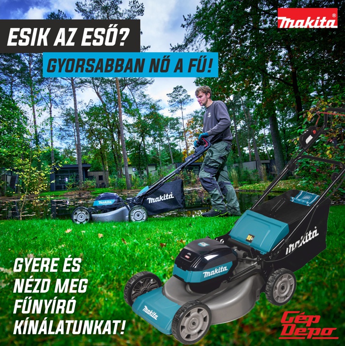 Férfi tol egy Makita fűnyírót nedves, esőtől zöld pázsiton tó mellett; közelről Makita fűnyíró és üzleti logók láthatóak