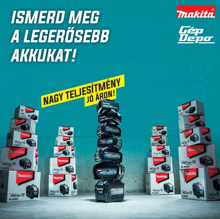 Makita akkumulátorok dobozokkal, középen tornyosuló nagy teljesítményű akku reklámfelirattal