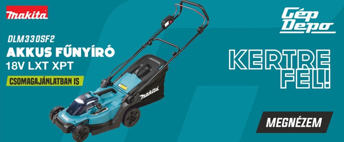 Makita DLM330SF2 18V LXT XPT akkumulátoros fűnyíró képe, kék reklámfeliratokkal és GépDepo logóval