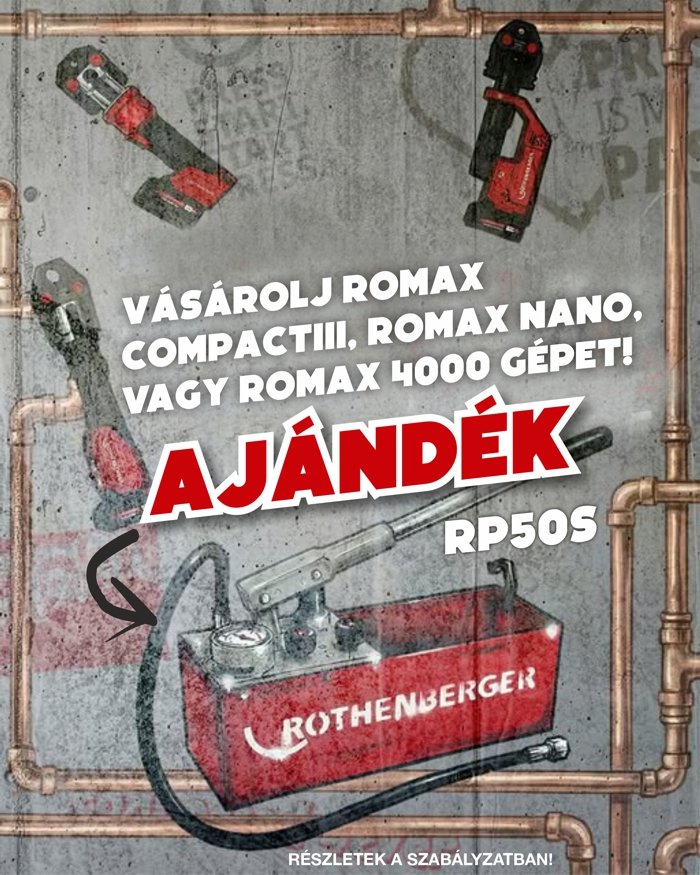 Promóciós plakát: Rothenberger vörös RP50S kézi pumpa és Romax szerszámok, nagy 'AJÁNDÉK' felirattal