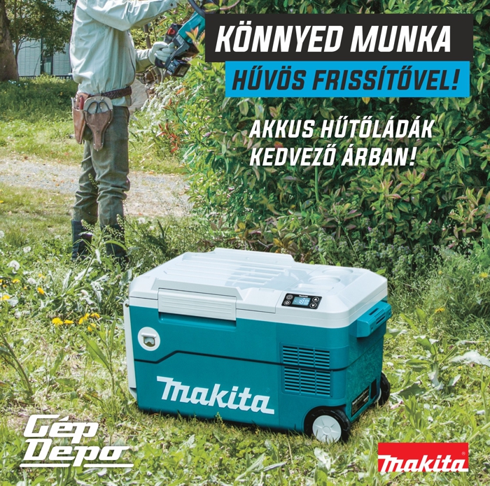 Kerti sövénynyírás közben látható Makita akkumulátoros hűtőláda a fűben, promóciós szöveg a háttérben