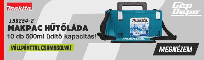 Makita kék-zöld hűtőláda vállpánttal, kb. 10×500 ml italtároló kapacitás, hordozható hűtőtáska Makita logóval