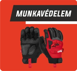 Piros-fekete munkavédelmi kesztyűk ütésálló párnázással és megerősített tenyérrel, 'MUNKAVÉDELEM' felirattal