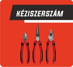 Három piros fogó (damilvágó, hosszúorrú és kombinált) piros háttéren, felettük 'Kéziszerszám' felirat