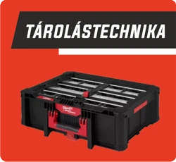 Fekete-piros moduláris szerszámos tálca és doboz, felette "TÁROLÁSTECHNIKA" felirat narancssárga háttéren