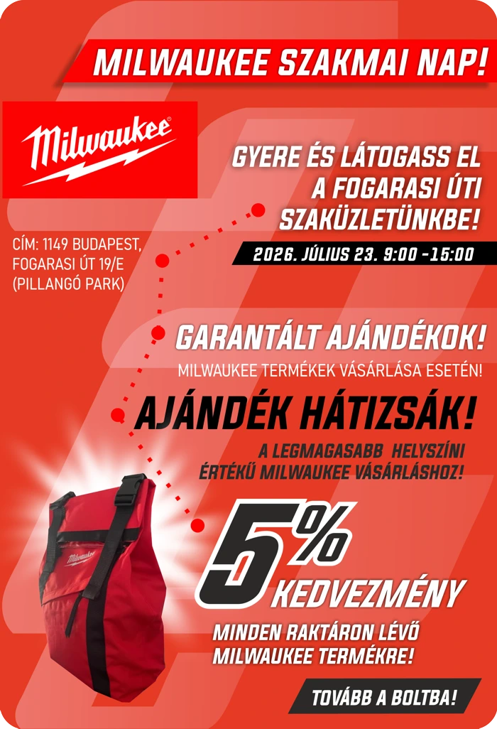 Milwaukee szakmai nap plakát: július 23. 9:00–15:00 Fogarasi út 19/E, ajándék hátizsák és 5% kedvezmény raktári termékekre.