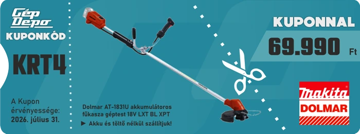 GépDepo kupon: Dolmar/Makita akkumulátoros fűkasza AT-1831U, kuponkód KRT4, ár 69.990 Ft, érvényes 2026.07.31.