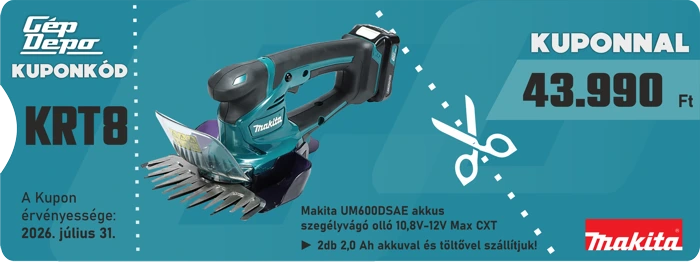 Kupon: Makita UM600DSAE szegélyvágó olló, 10,8–12V Max CXT, 2x 2,0Ah akku+töltő, 43.990 Ft, kód KRT8, érv. 2026.07.31