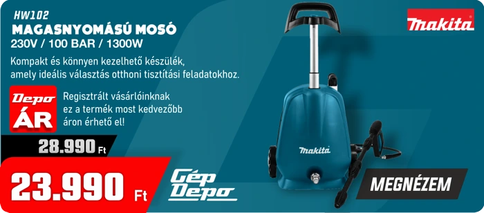 Makita HW102 magasnyomású mosó 230V 100 bar 1300W, kompakt otthoni tisztítógép, kék egység pisztollyal és tömlővel