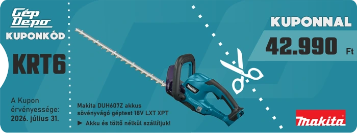 Kupon: Makita DUH607Z 18V LXT XPT akkus sövénynyíró 42.990 Ft, kuponkód KRT6, érvényes 2026.07.31. Akku és töltő nélkül.