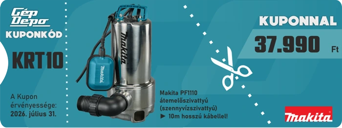 Makita PF1110 szennyvízátemelő szivattyú 10 m kábellel, kuponkód KRT10, ár 37.990 Ft, kupon érvényes 2026. július 31.