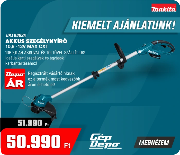 Makita UR100DSA akkus szegélynyíró (10,8–12V CXT) 2,0 Ah akkuval és töltővel, akciós ár 50.990 Ft
