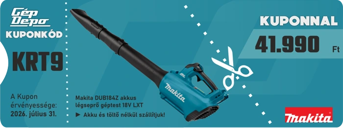 Makita DUB184Z 18V LXT akkumulátoros lombfúvó, kuponkód KRT9, kuponnal 41.990 Ft, érvényes 2026. július 31.