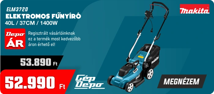 Makita ELM3720 elektromos fűnyíró 37 cm vágószélesség, 1400W, 40L gyűjtőkosár, akciós ár 52.990 Ft