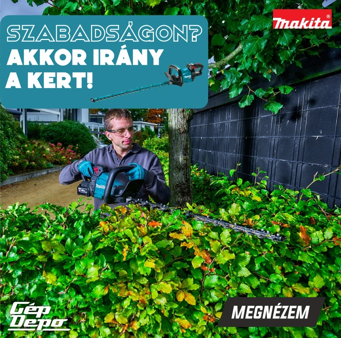 Férfi védőszemüvegben és kesztyűben Makita sövénynyíróval nyírja a sövényt a kertben; reklám: Szabadságon? Akkor irány a kert!