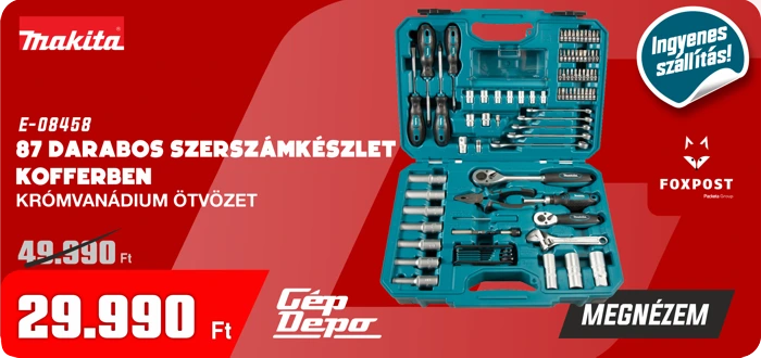 Makita 87 darabos szerszámkészlet kofferben, króm-vanádium ötvözet, nyitott türkiz tok és ár 29.990 Ft, Ingyenes szállítás