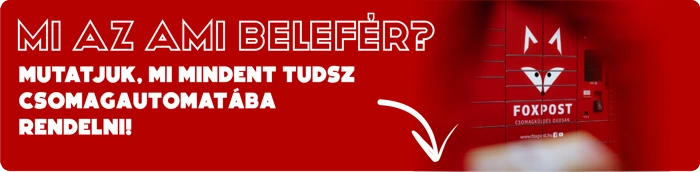Piros banner Foxpost csomagautomata, felirat: Mi az ami belefér? Mutatjuk, mi mindent rendelhetsz csomagautomatába.