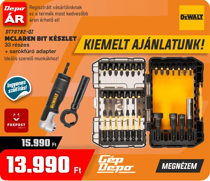 DeWALT McLaren 33 részes bitkészlet és sarokfúró adapter, nyitott fekete-sárga tárolódoboz, akciós ár 13.990 Ft