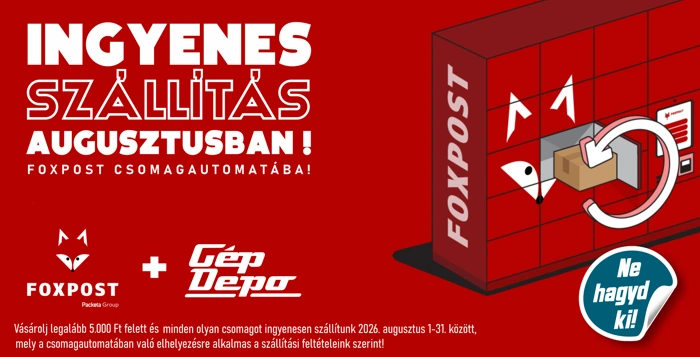 Piros hirdetőkép: Ingyenes szállítás augusztusban Foxpost csomagautomatába, Foxpost és Gép Depo logók, csomag betéve automatába