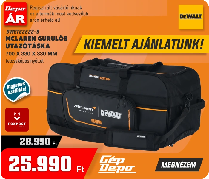 Fekete DeWalt x McLaren gurulós utazótáska narancssárga részletekkel, elöl zsebbel és vállpánttal, promóciós ár és 'Kiemelt ajánlat' felirat
