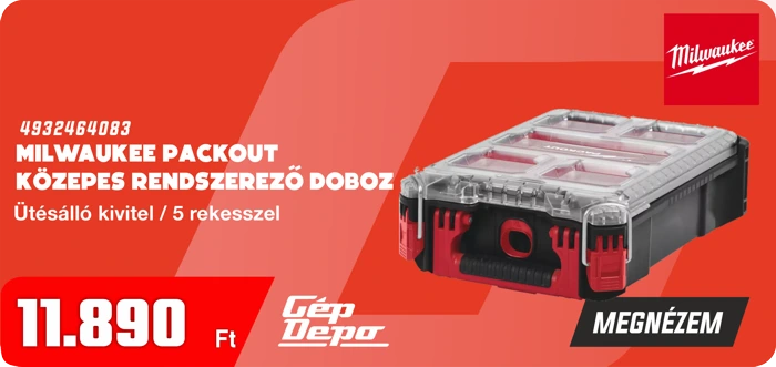 Milwaukee Packout közepes rendszerező doboz (4932464083), ütésálló kivitel, 5 rekesz, áttetsző fedél és fogantyú