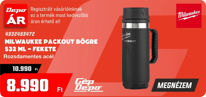Milwaukee Packout 532 ml fekete rozsdamentes acél termoszbögre fogantyúval