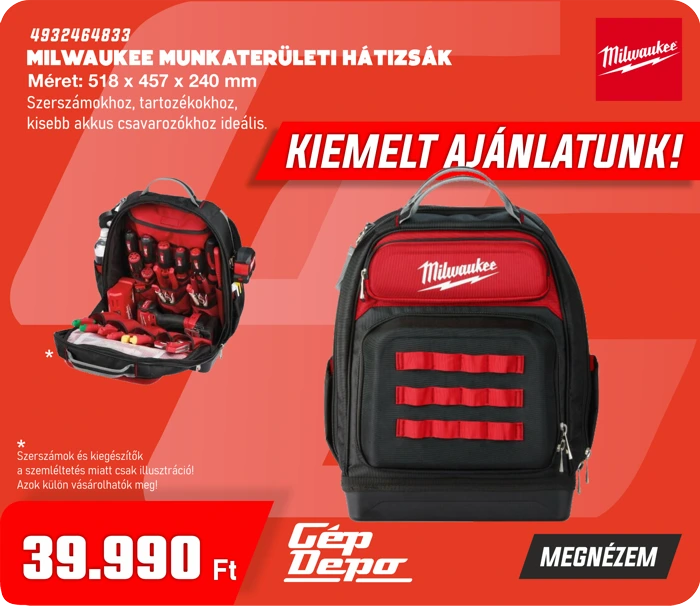 Milwaukee piros-fekete munkaterületi hátizsák több rekesszel és szerszámokkal, kiemelt ajánlat 39.990 Ft