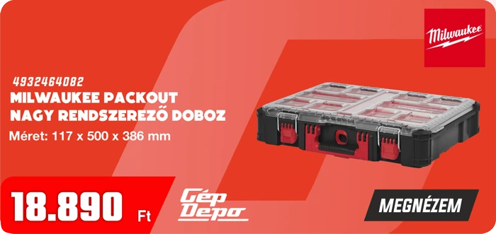 Milwaukee Packout nagy rendszerező doboz 117 x 500 x 386 mm, fekete-piros műanyag tároló rekeszekkel