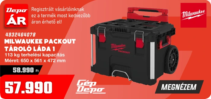 Milwaukee Packout gurulós tároló láda (fekete-piros), 113 kg teherbírás, kerekekkel és fogantyúval