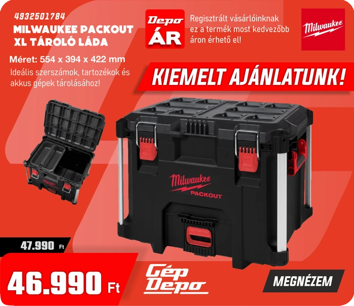 Milwaukee Packout XL fekete tároló láda piros zárral és fogantyúval, 554×394×422 mm – szerszámok és akkumulátorok tárolására