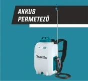 Makita akkumulátoros háti permetező fehér-kék műanyag tartállyal, hátizsák pántokkal és fúvókás tömlővel