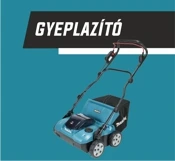 Kék elektromos gyeplazító tolókarral és kerekekkel, gyepkarbantartó gép