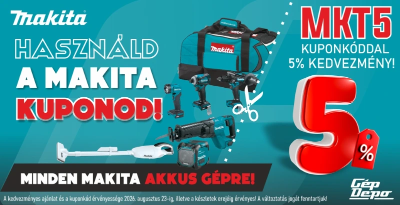 Makita akkus szerszámkészlet és táska, promóciós MKT5 kupon 5% kedvezmény — minden Makita akkus gépre
