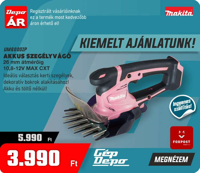 Makita rózsaszín akkumulátoros szegélyvágó CXT 10,8–12V, 26 mm vágás — akció 3.990 Ft, ingyenes szállítás