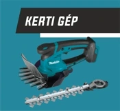 Kék akkumulátoros kézi sövénynyíró cserélhető pengékkel és tartozékokkal, "KERTI GÉP" feliratos kék háttér