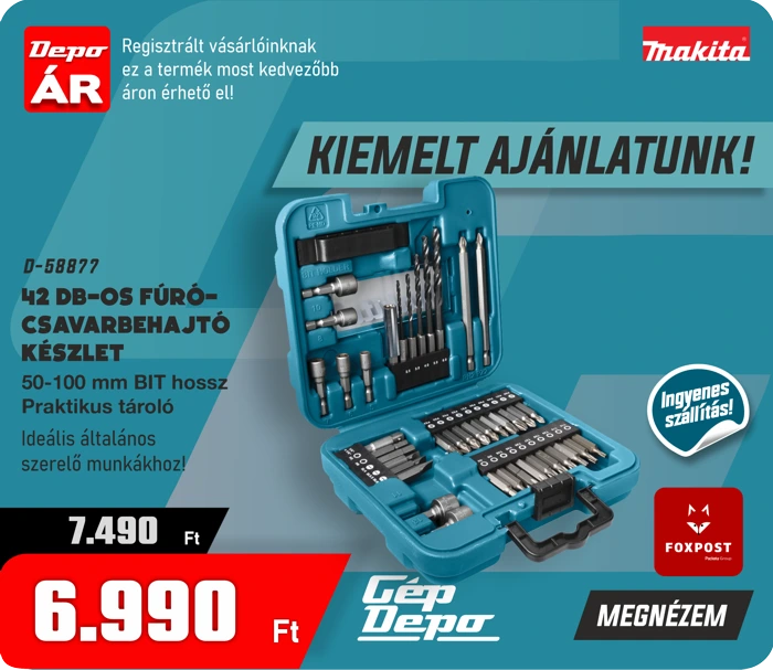 Makita 42 részes fúró- és csavarbit készlet türkiz tárolódobozban, akciós ár 6.990 Ft, ingyenes szállítás, GépDepo promóció