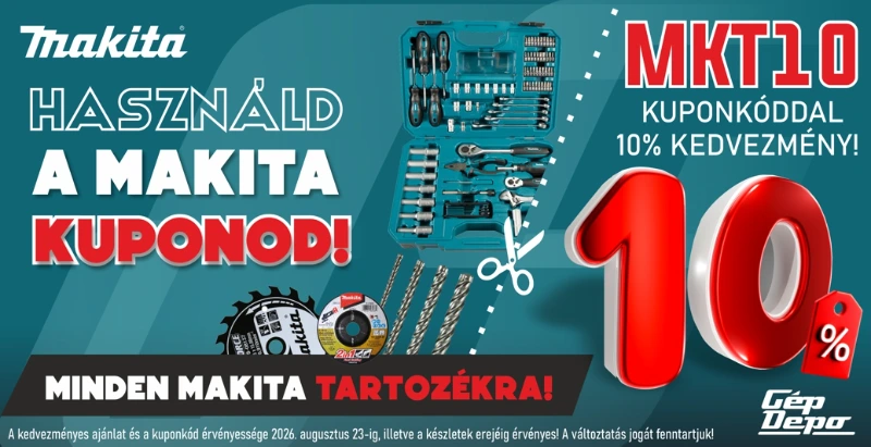 Makita promó: Használd a kuponod MKT10, 10% kedvezmény minden Makita tartozékra, szerszámkészlet és fúrók képe