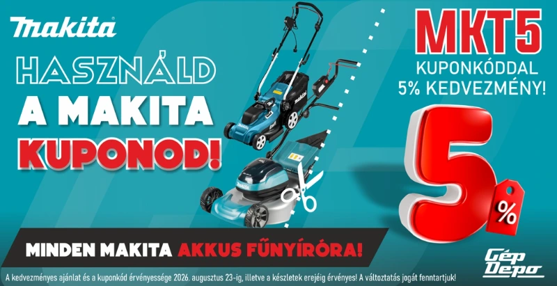 Makita akkumulátoros fűnyírók promóció - MKT5 kuponnal 5% kedvezmény, két fűnyíró és nagy piros 5% jel