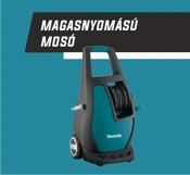 Magasnyomású mosó kék-fekete ház, kerekekkel, fogantyúval és tömlőcsévélővel