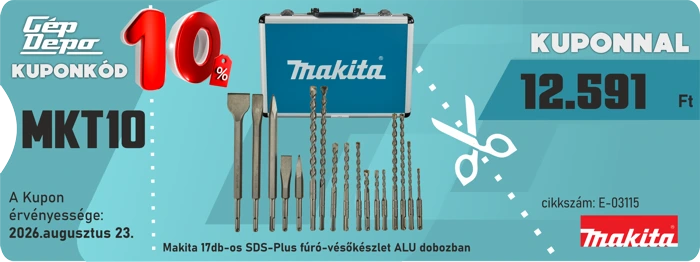 Kupon: 10% Makita 17 részes SDS-Plus fúró‑vésőkészlet ALU dobozban, kuponkód MKT10, ár 12.591 Ft, érvényes 2026.08.23.