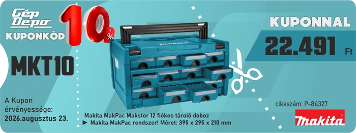 Makita MakPac 12 fiókos tárolódoboz kuponkóddal MKT10 10% kedvezmény, ár 22.491 Ft, lejár 2026.08.23