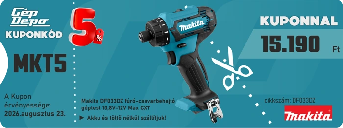 Makita DF033DZ fúró-csavarbehajtó akciós kuponnal (MKT5) — 5% kedvezmény, ár 15.190 Ft, érvényes 2026. augusztus 23.