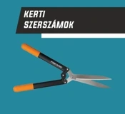 Fekete-narancs fogantyús kerti sövényolló késsel, kék háttér és 'KERTI SZERSZÁMOK' felirat