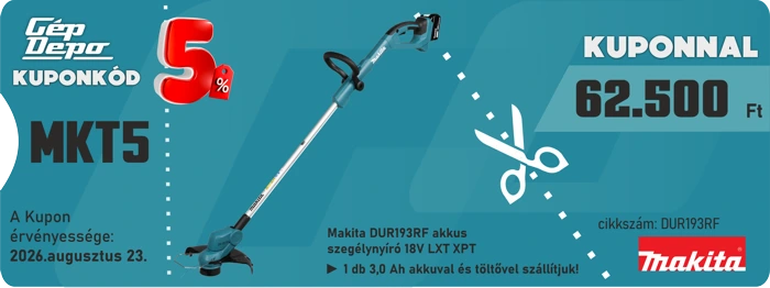 Makita DUR193RF 18V akkus szegélynyíró – kuponkód MKT5: 5% kedvezmény, 62.500 Ft, érvényes 2026.08.23.