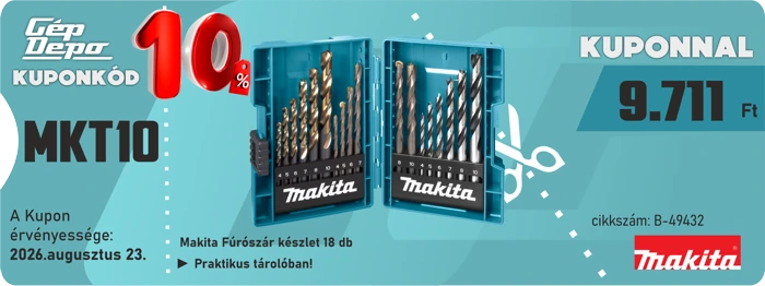 Kupon: 10% Makita 18 részes fúrókészlet MKT10, 9 711 Ft, érvényes 2026.08.23 — nyitott kék tárolódobozban megjelenítve