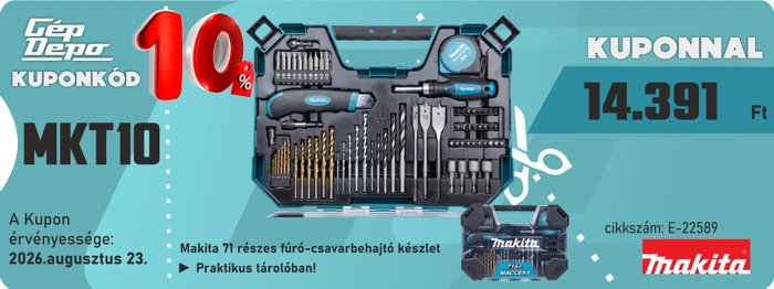 Makita 71 részes fúró‑csavarhúzó készlet akcióban — 10% kuponkód MKT10, kuponnal 14.391 Ft, praktikus tárolódoboz
