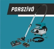 Mobil porszívó kerekeken teleszkópos csővel, tömlővel és több tartozékkal kék háttér előtt