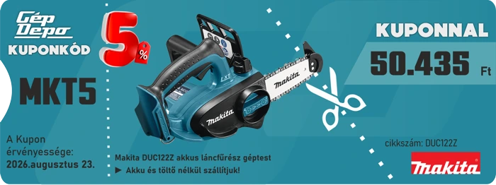 Makita DUC122Z akkus láncfűrész promóciós kép Kuponkód MKT5, 5% kedvezmény, ár 50.435 Ft, érvényes 2026.08.23.