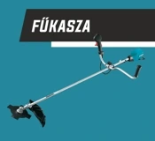 Benzinmotoros fűkasza (szegélynyíró) dupla fogantyúval és vágókéses fejjel, kék háttér előtt